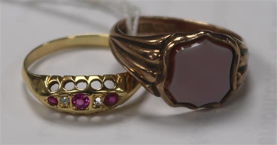 A late Victorian 9ct and carnelian set signet ring and an Edwardian 18ct gold and gem set ring.